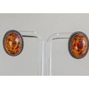 Sterling Silver 925 Amber Oval Stud Earrings Retro Chic Jewelry